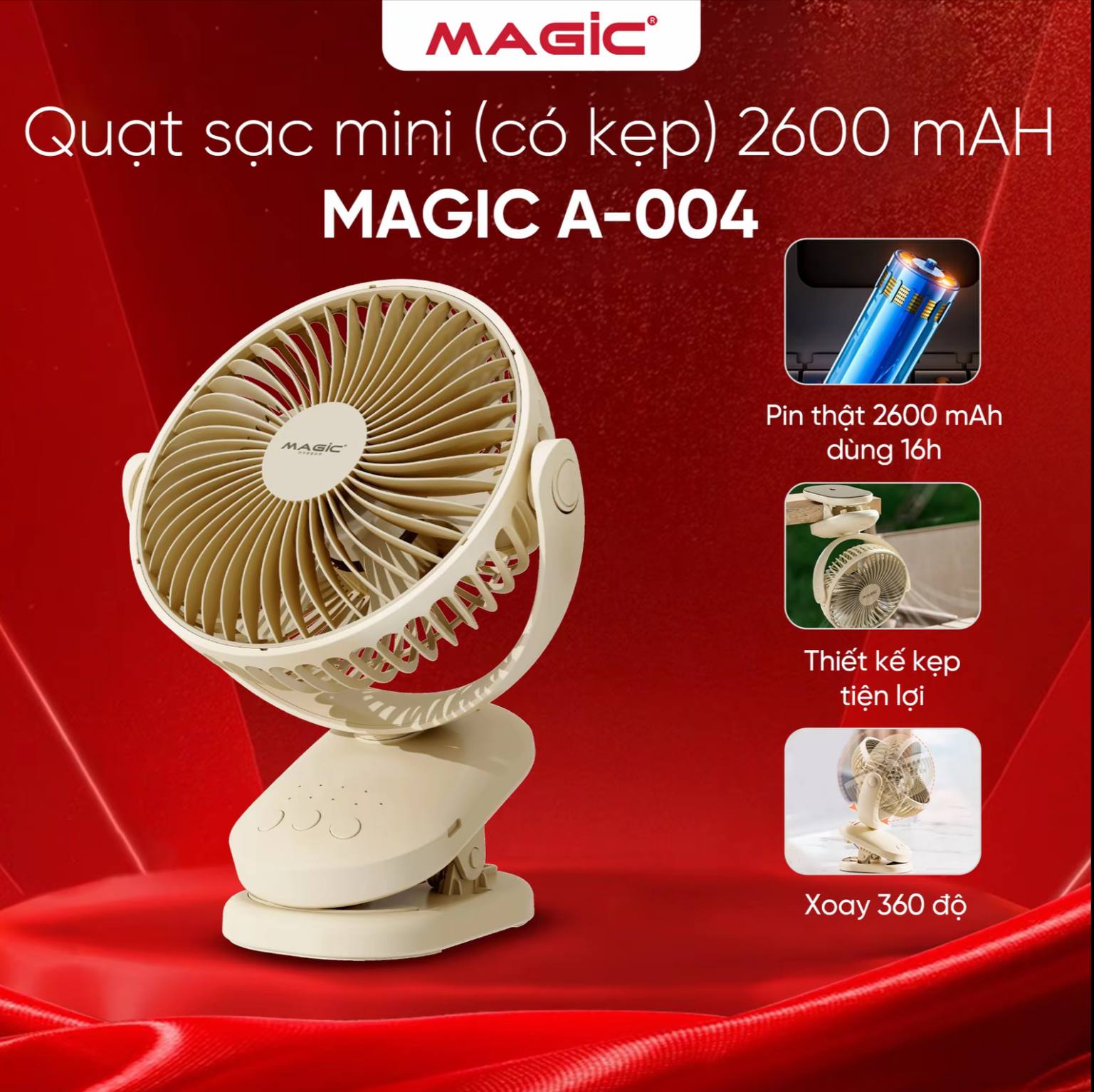 Quạt Tích Điện Kẹp Bàn magic A-004, Pi8n 2600mAH, sử dụng từ 2h đến 16h tùy vào chế độ sử dụng