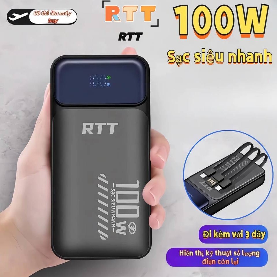 Sạc dự phòng, sạc nhanh với 3 dây sạc tích hợp và màn hình led, cáp sạc USB và Type-C